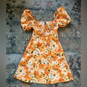 Floral Puff-Sleeve Cutout Dress - Orange